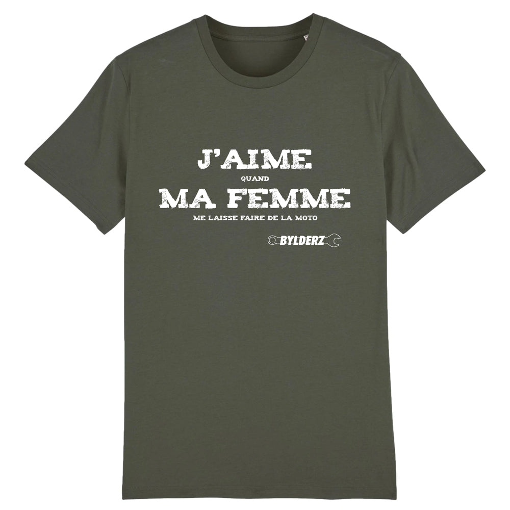 Tshirt Bylderz Kaki J'aime quand ma femme me laisse faire de la moto